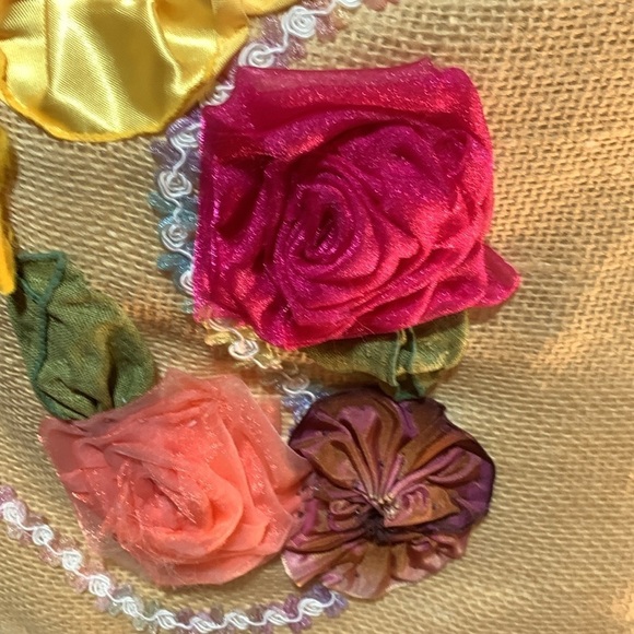 Floral Appliqué Burlap Bag Purse w/Canvas Strap Adjustable Crossbody Unique 3D - Picture 5 of 11